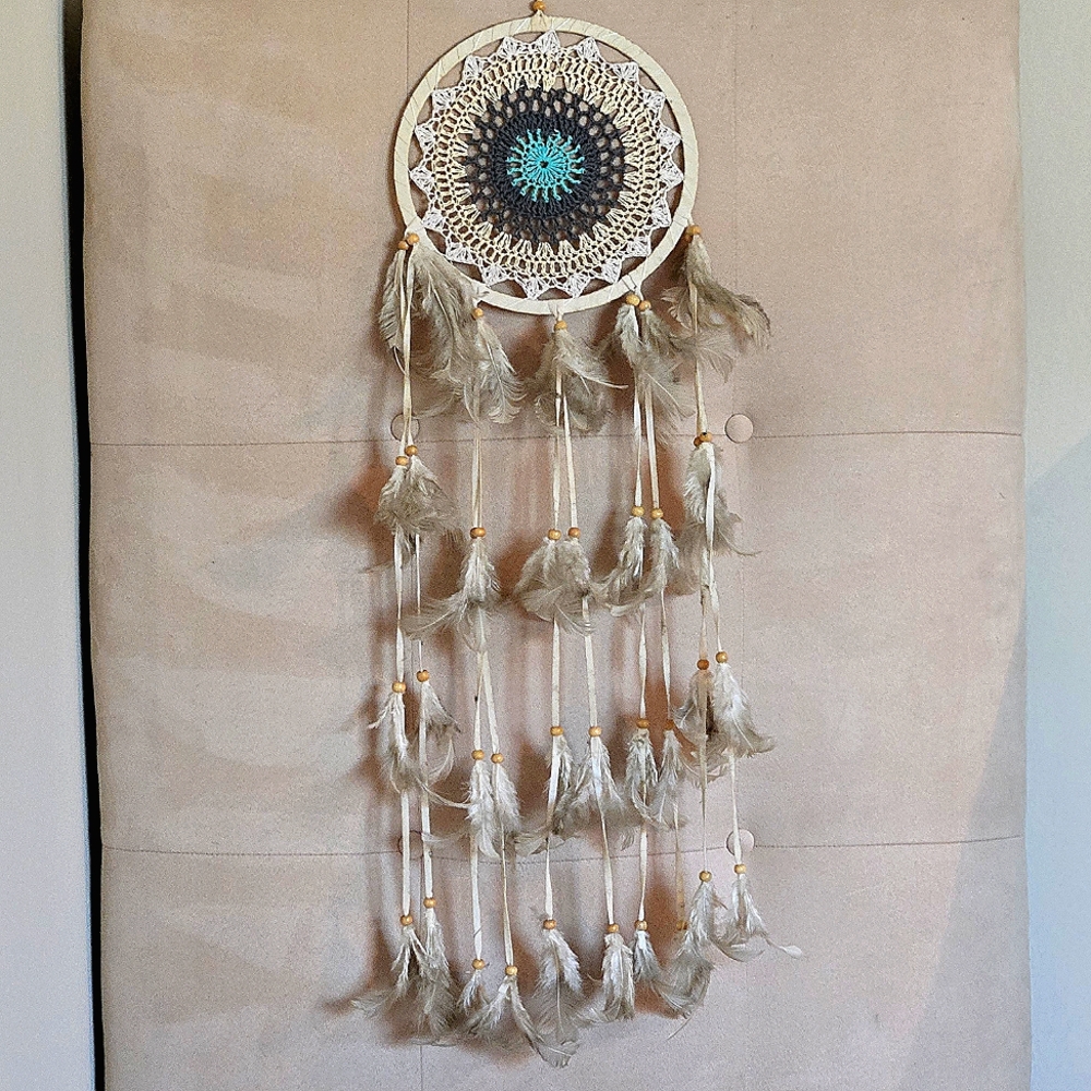 Boho Macrame Crochet Feather Dreamcatcher Turquoise Wood Bead Wall Hanging Decor